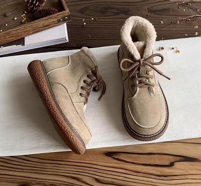 Retro Style Winter Fleece Warm Cotton Boots: Anti-Slip Sole, Black/Khaki 4f20