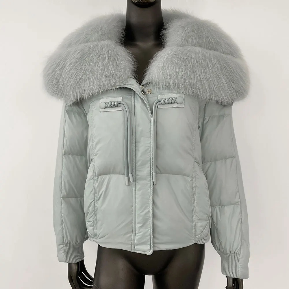Winter Big True Fox Fur Collar Coat Womens Natural Thick Warm Duck Coat Short Sleeve Loose Fur Leather Jacket 241023