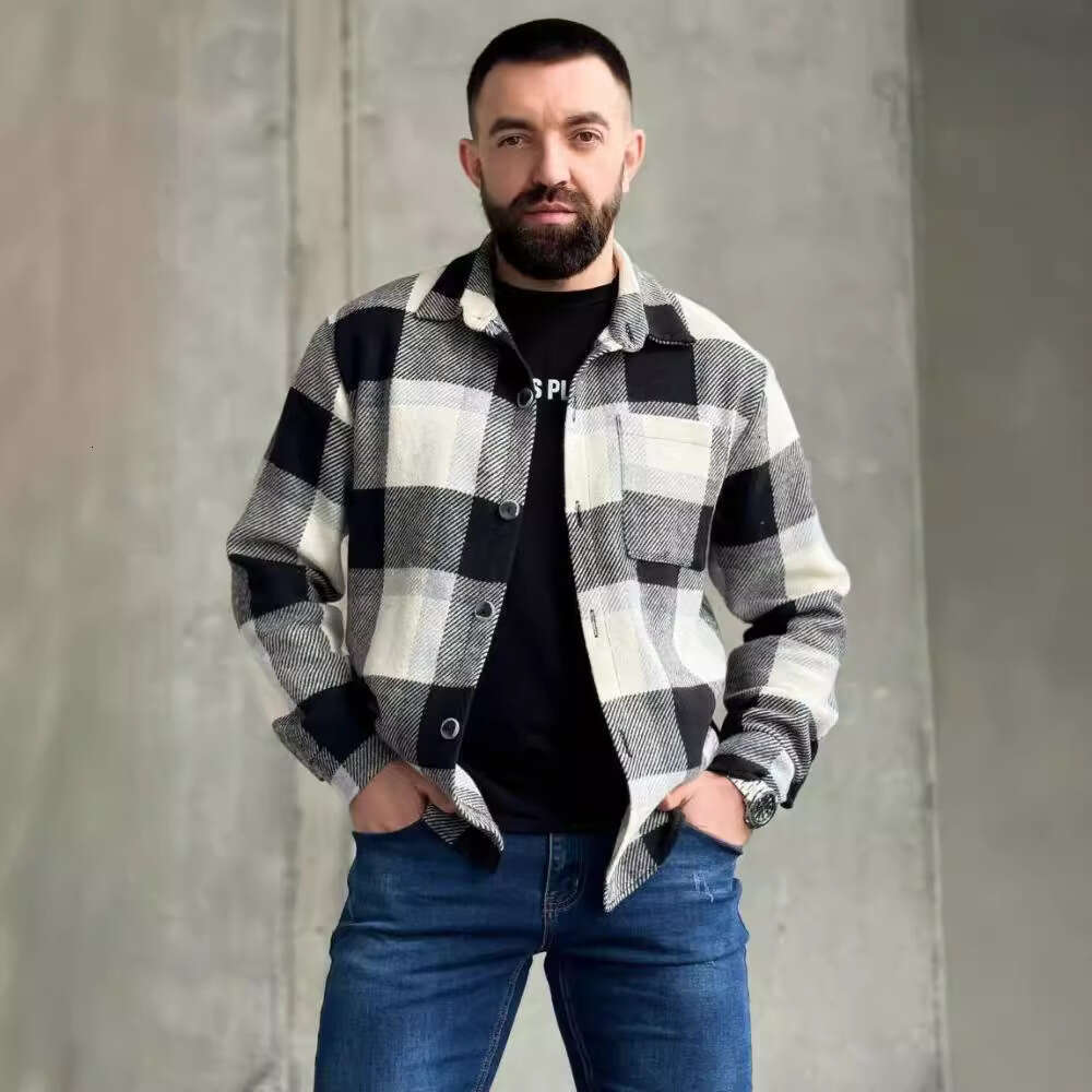 2024 men's flannel thick casual fashion versatile plaid shirt jacket men's warm shirt