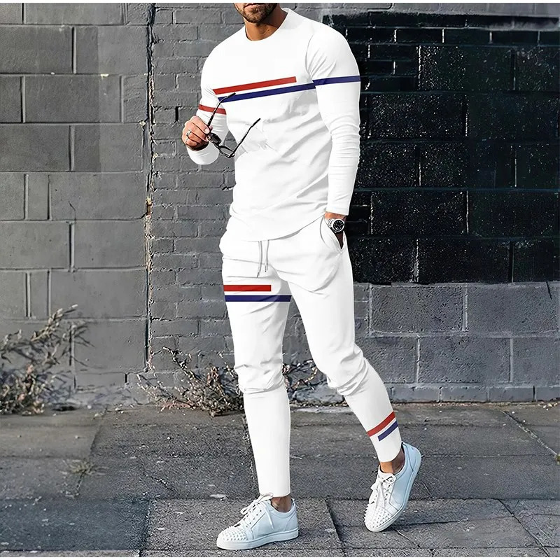 Autumn mens track and field clothing 2-piece set trend O-neck long sleeved T-shirt pants oversized loose clothing sports style mens clothing 241024