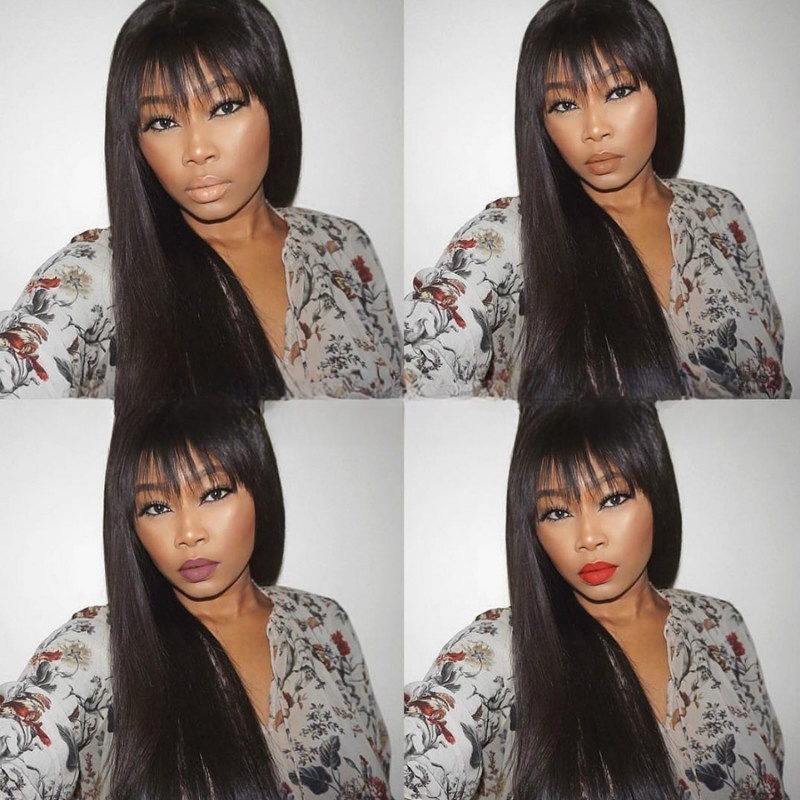Wig for women long straight hair wig with bangs black fashion temperament face-shaping synthetic fiber wig
