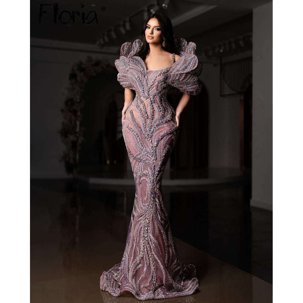 ria Sparkle Pink Purple Illusion Evening Dress Leaf Design Long Mermaid Formal Prom Party Gala Pageant Gowns Customize