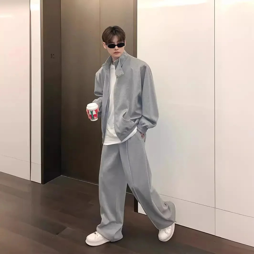 Spring and Autumn Stand up Collar Open cardigan Mens Sports and Leisure Casual Set Loose Fit Mens Two Piece Set 241024