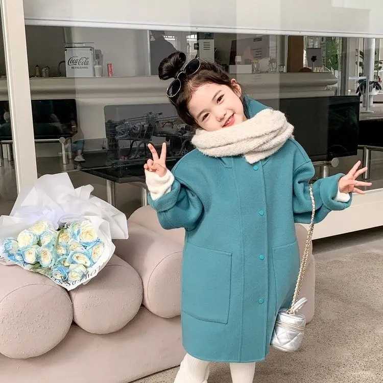 Wool blend jacket Korean winter girls long hooded warm jacket childrens clothing thick jacket childrens jacket S65 W241023
