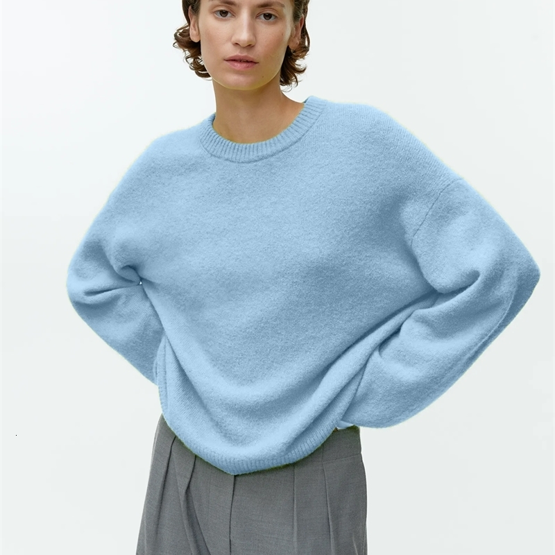 Hirsionsan Basic O Neck Lantern Sleeve Sweater Women 2024 Oversized Pink Blue Knitted Pullovers Female Casual Thick Warm Tops 240930