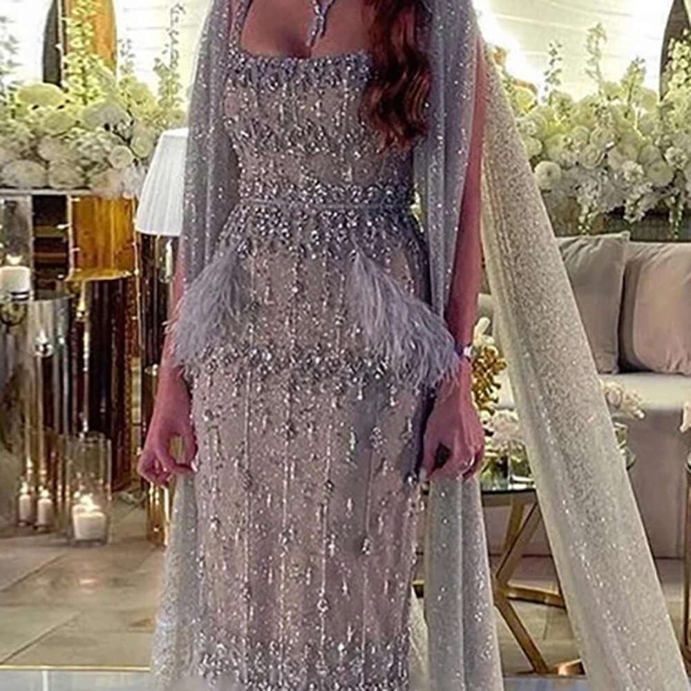 Dubai Sequined Women Prom Dress Saudi Arabia Beadings Crystal Feather Party Evening Gowns Formal Ocn Robe De Soiree