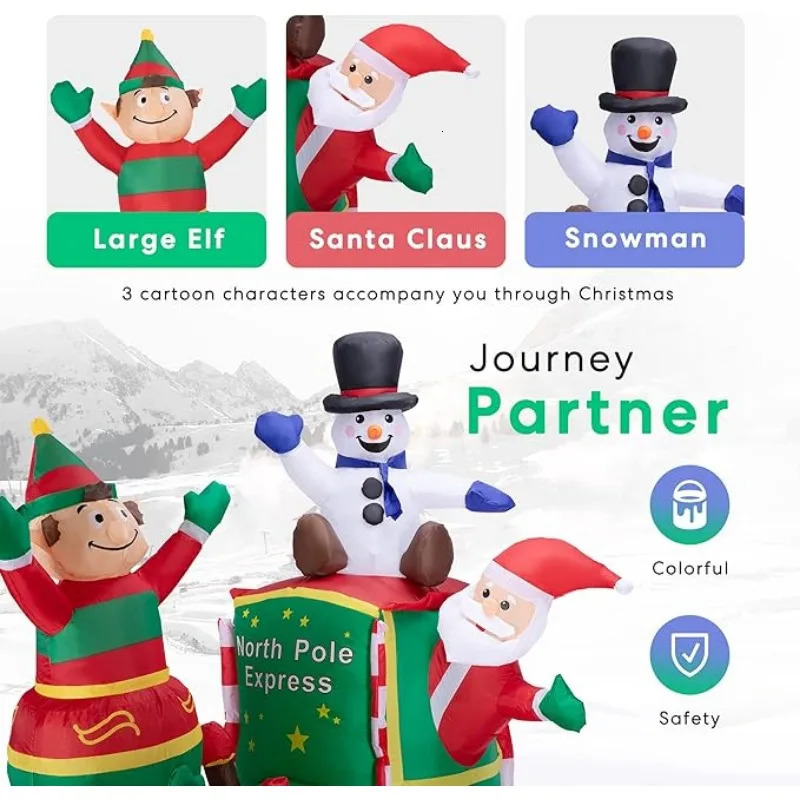 1.8M/6FT Christmas Decoration Inflatable 3-Person Train with Built in LED Lights Indoor and Outdoor Christmas Party Garden Scene Celebration 241024