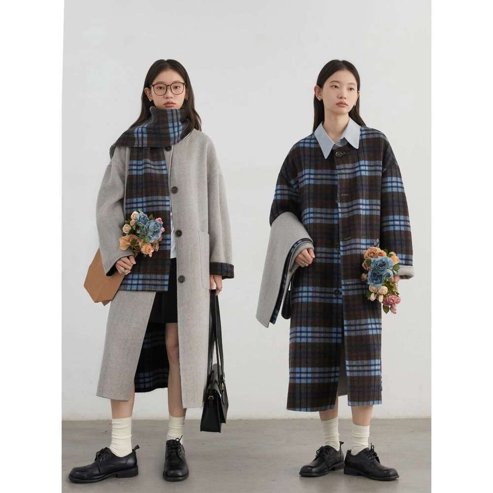 CHIC VEN Women Woolen Long Coat Loose New Double-Sided Overcoat With Scarf Ladies Plaid Topcoat Autumn Winter 2024 Clothing