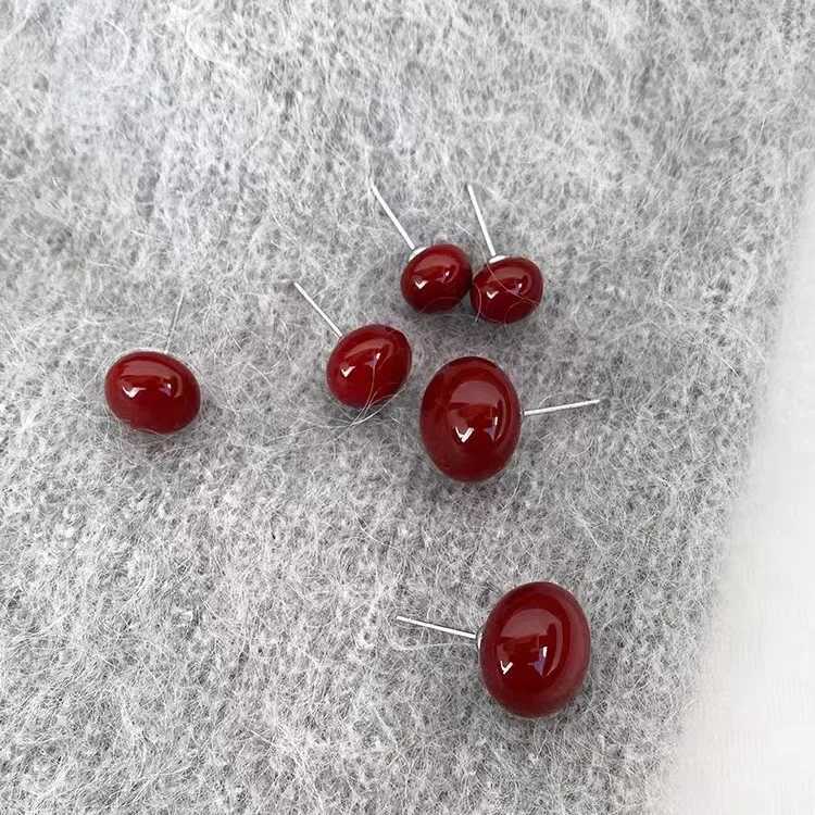South Korea Autumn And Winter Wine Red Round Stud Earrings For Women Fashion Cute Sweet Geometry Jewelry GiftsX241023