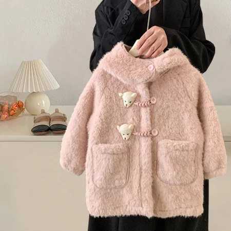 Autumn winter children wool coats solid bear ear prints baby jackets wool synthetic fur warm little girls long coat gloves W241023