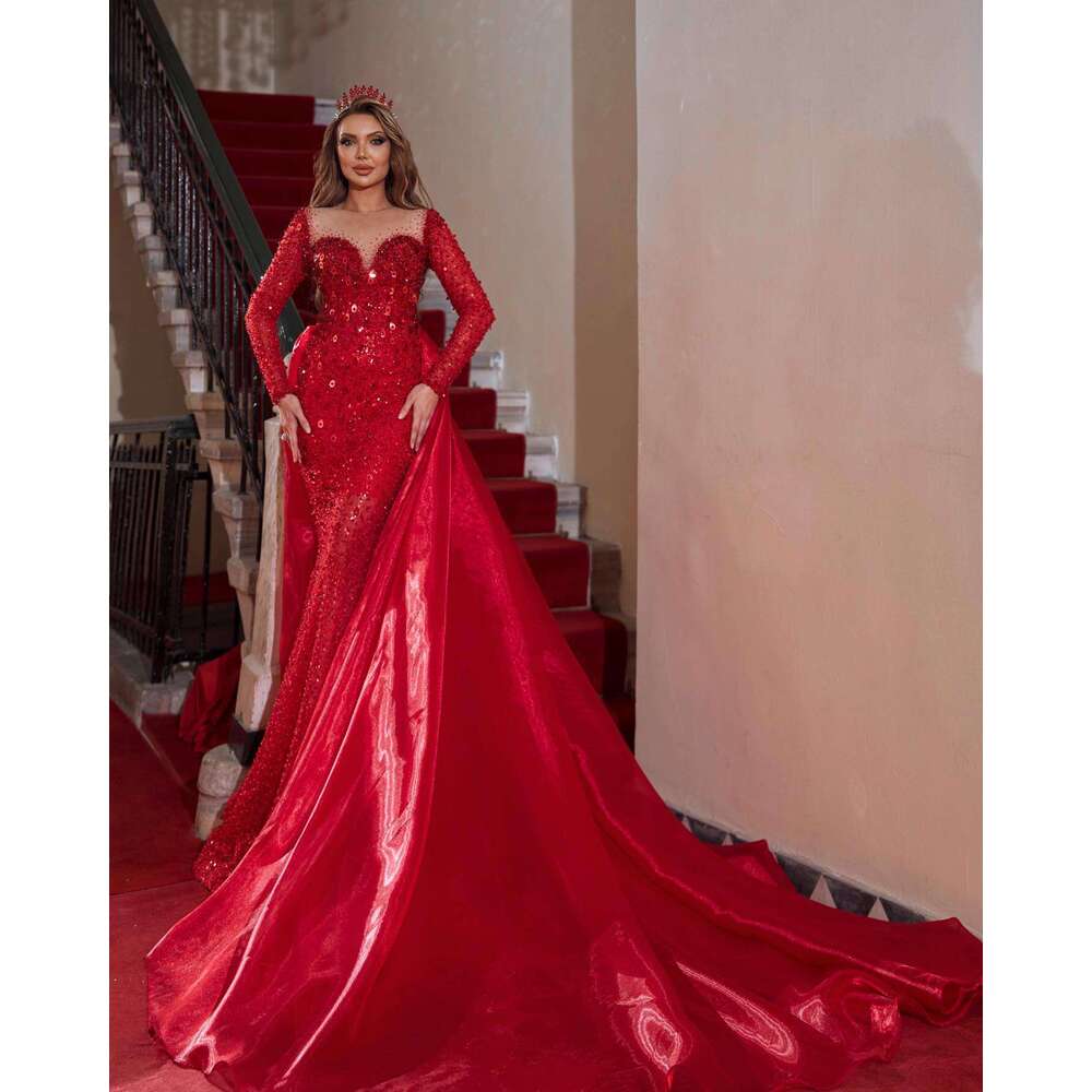 Sexy Sequined Full Sleeve Prom Dresses Pearls Crsytal Lace Mermaid Evening Dress Women or Length Party Gowns Custom Made