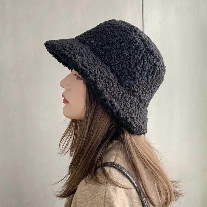 Wenlam bucket hat autumn thick plush wool warm flat top fisherman hat outdoor windproof Panama bean hat X241023