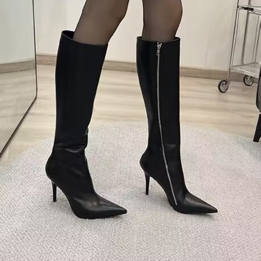 Brand Fashion Knee Zip Pointed Toe Footwear 10Cm High Heels Female Long Boots Party Shoes Women 2023 New Winter