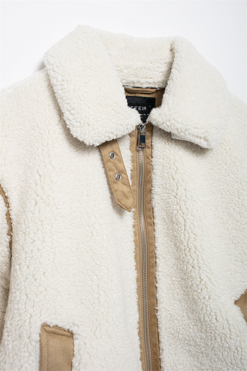 Womens Winter Faux Fur Coats Fleece Zip Up Sherpa Moto Jackets Trendy Warm Leather Patchwork Long Sleeve Sheepskin Outerwear