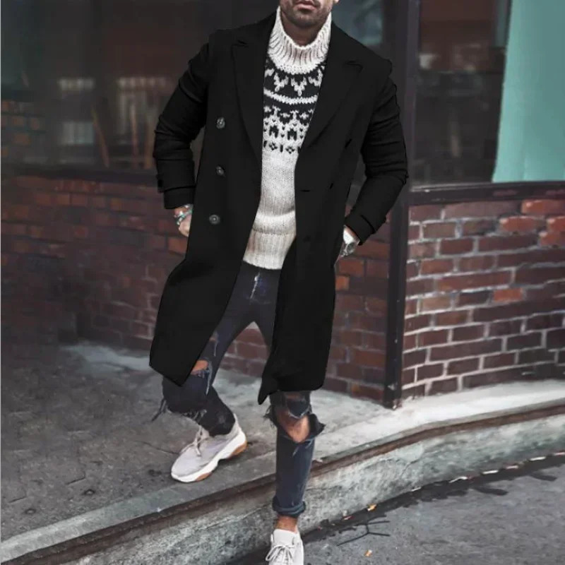 Fashionable mens wool coat solid casual collar double-layer coat wool coat mens long sleeved open top coat top 241024