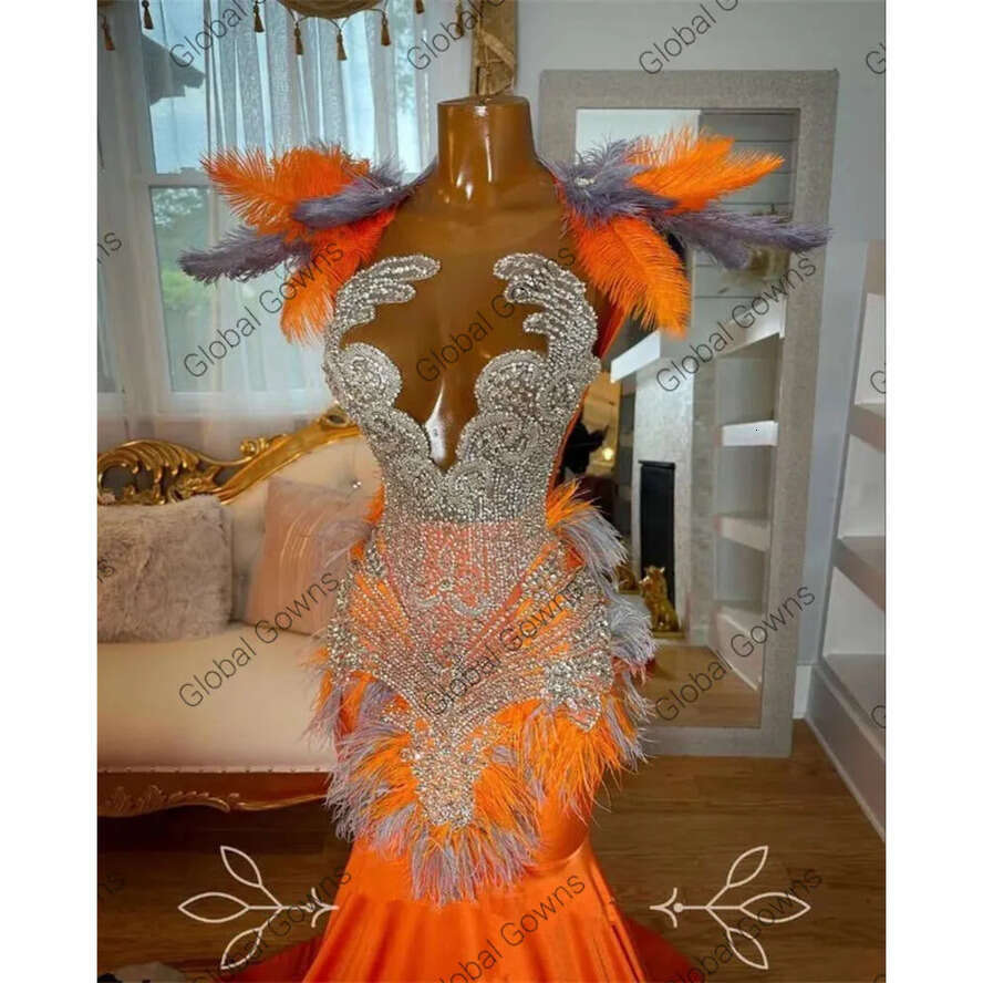Orange High Neck Long Prom Dress For Black Girls 2024 Beaded Crystal Rhie Birthday Party Dresses Feathers Evening Gown