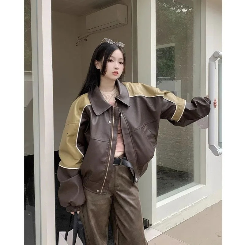 American Retro Splicing Comparison Leather Jacket Womens Y2K Street Fashion Gothic Harajuku BF Sweet Cool Motorcycle Jacket 241024