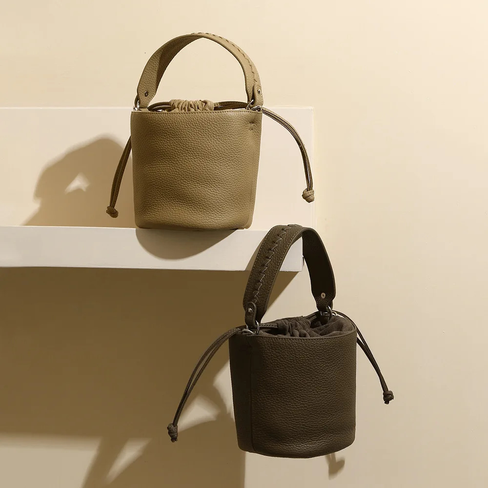 100% Genuine Leather Women Mini Bucket Bags High Quality Female Drawstring Tote Bag Soft Cowhide Simple Shoulder Crossbody 241021