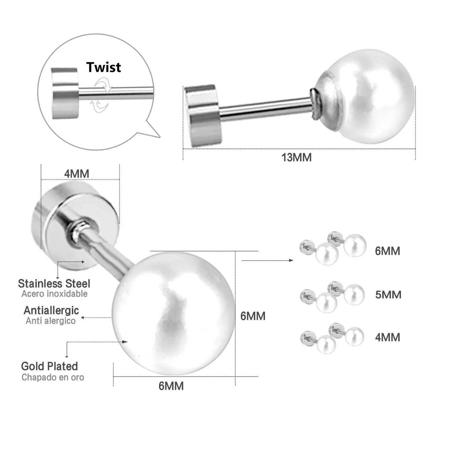 LUXUSTEEL 3 pairs/batch white imitation pearl earrings suitable for women stainless steel screw back stud earrings wedding size 4/5/6mm W241023