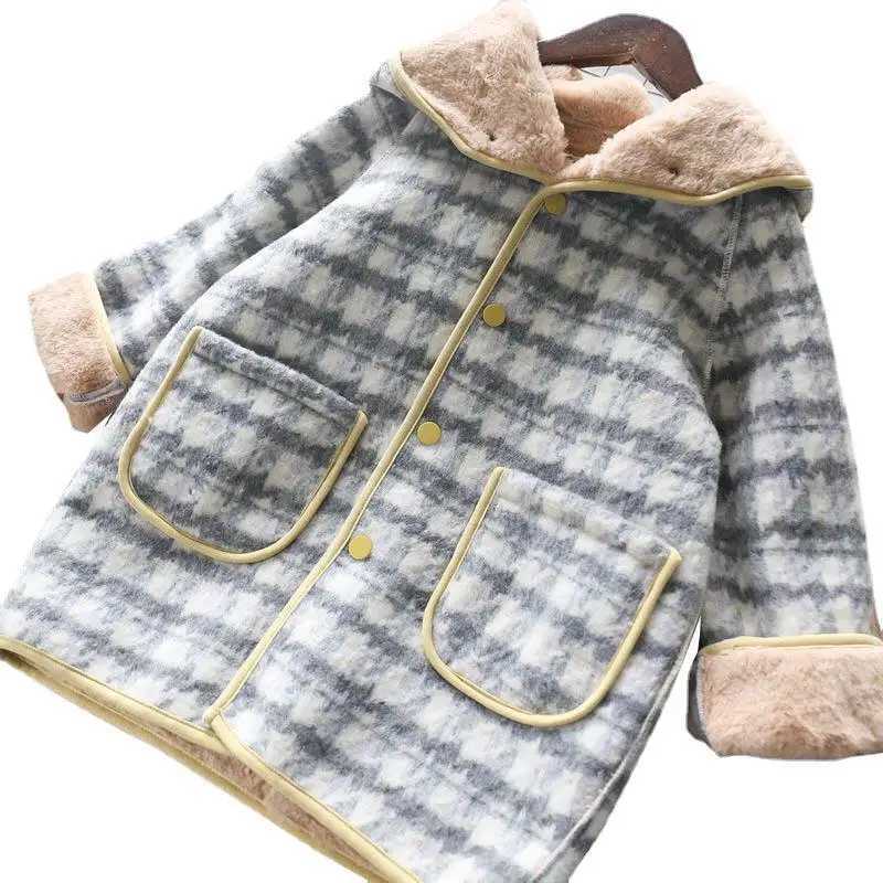 Childrens plain woolen coat 2023 new winter warm plush thick single corset large pocket design jacket W241023