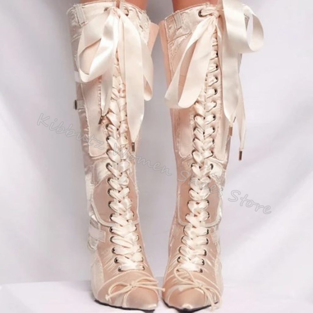 Satin Lace-Up Knee High Boots Bows Belt Buckle Elegant Fashion Sweet Dress Women Shoes New Pointed Toe Kitten Heels Solid Color