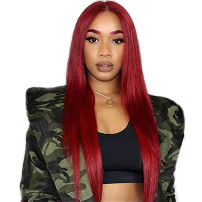 Wig women's long straight wine red long hair dyed chemical fiber wig