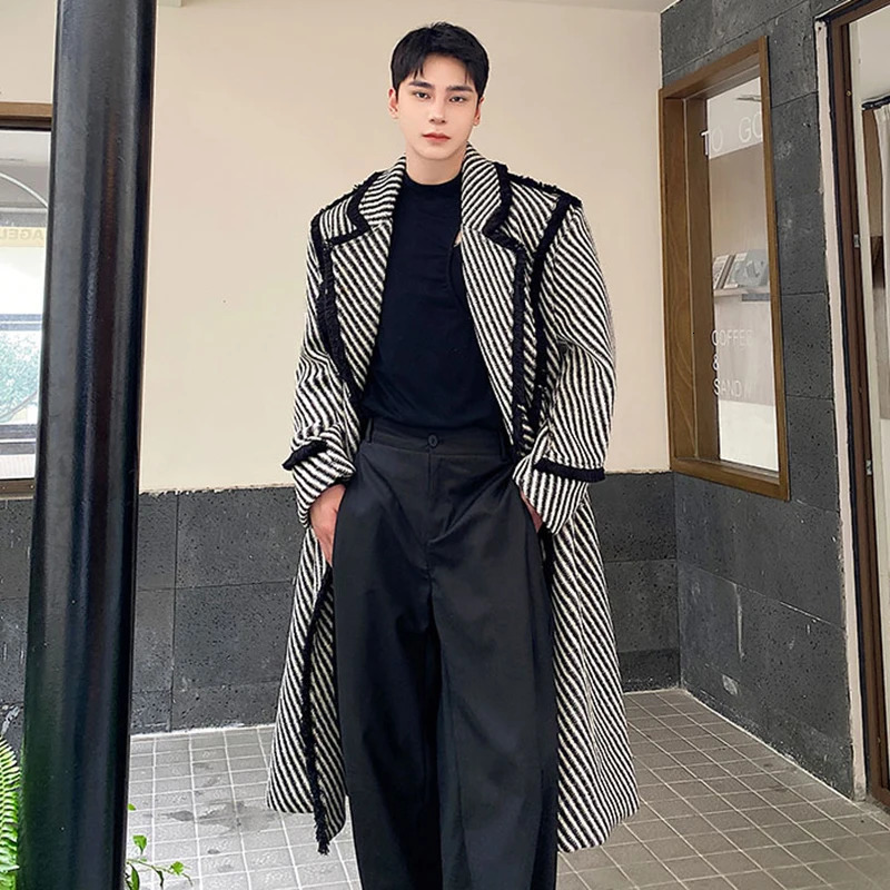 IEFB winter mens wool long coat thick woven twill lapel wool coat Korean style windproof agent trend autumn 9C3302 241024