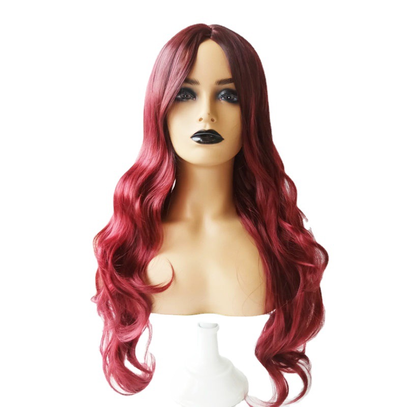 Middle-parted bangs women's chemical fiber headpiece black gradient wine red long curly hair big wave wig full headpiece