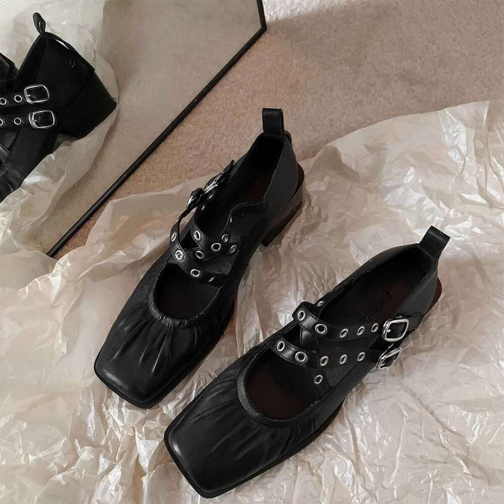 Designer Shoe Sheepskin Edition~French Retro Square Head Ballet Shoes Women's Coarse Heel Dark Cross Strap Fashion Mary Jane Shoes Genuine Leathe