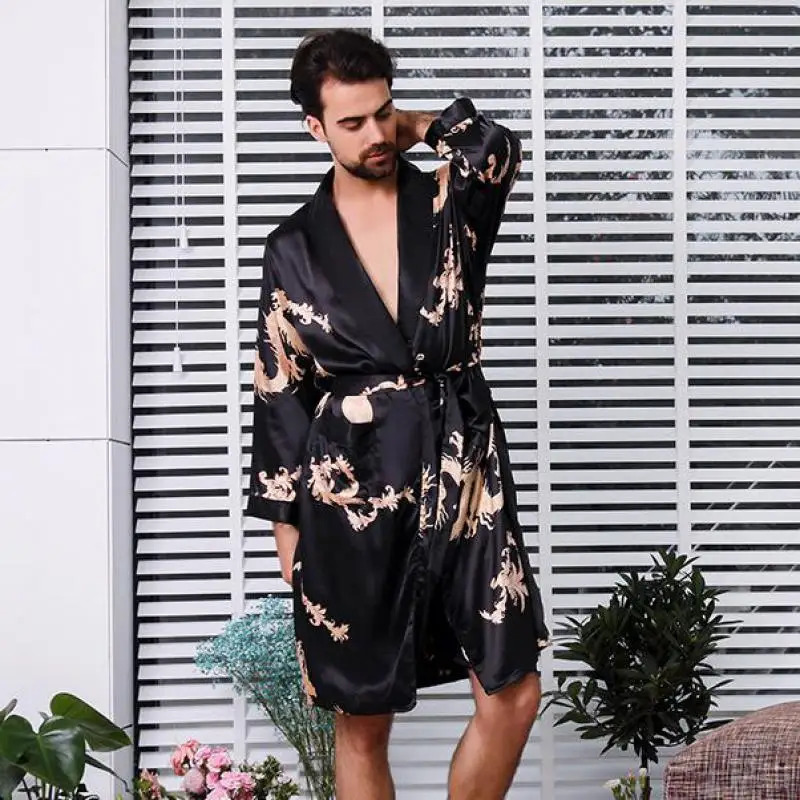 Large size 4XL 5XL mens satin robe set with dragon print 2PCS sleepwear silk sleepwear and robe set for mens casual kimono loose home wear 241023