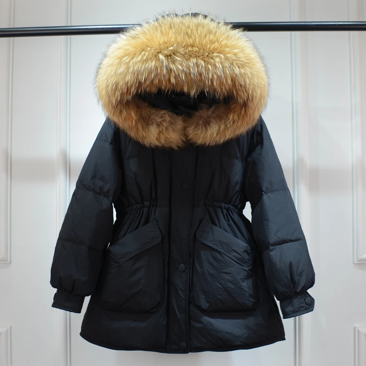 Winter Dazhen Raccoon Fur Hooded Duck Down Filled Jacket Womens Loose Waterproof Inflatable Jacket Thickened Warm and Soft Park 241023