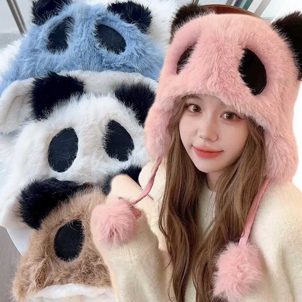 Fluffy panda earring hat cute plush plow hat from Winter warm plush hat plush neck protection X241023