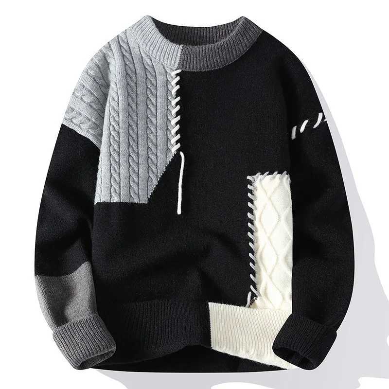 Autumn Winter Warm Mens Knitted Sweaters Fashion Patchwork O Neck Knit Pullovers Korean Streetwear Pullover Casual Mens Clothing LX241024