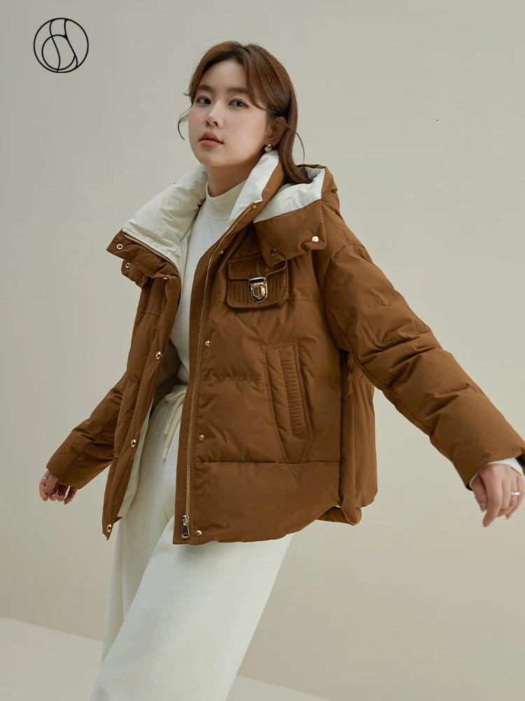 DUSHU 104G filling capacity detachable hooded short loose jacket winter brown down jacket womens white duck down jacket 241023