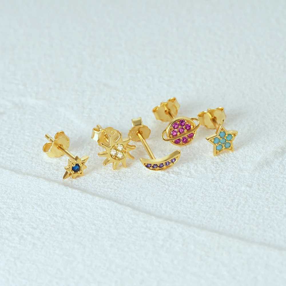 CANNER 925 Sterling Silver 5pcs Star Moon Color Zircon Planet Set Stud Earrings For Women Ins Earrings Fine Jewelry Party GiftX241023