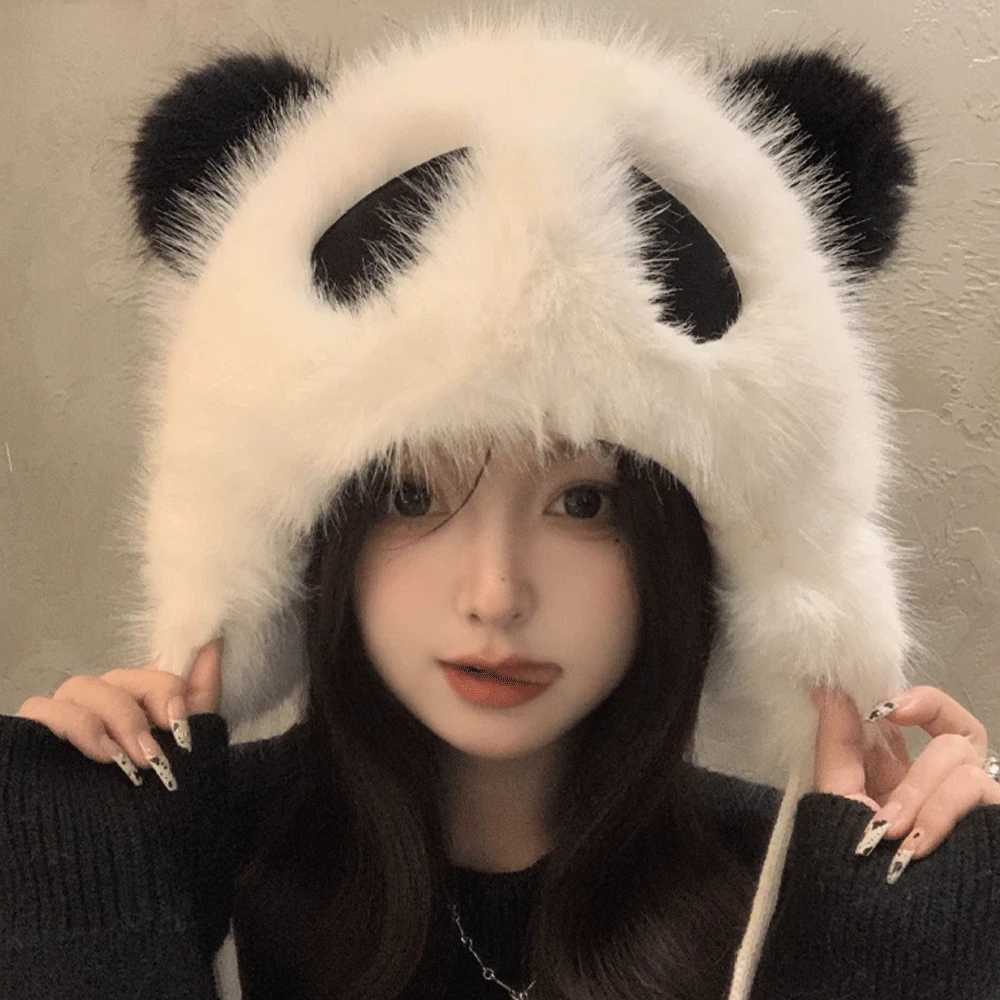 Fluffy panda earring hat cute plush plow hat from Winter warm plush hat plush neck protection X241023