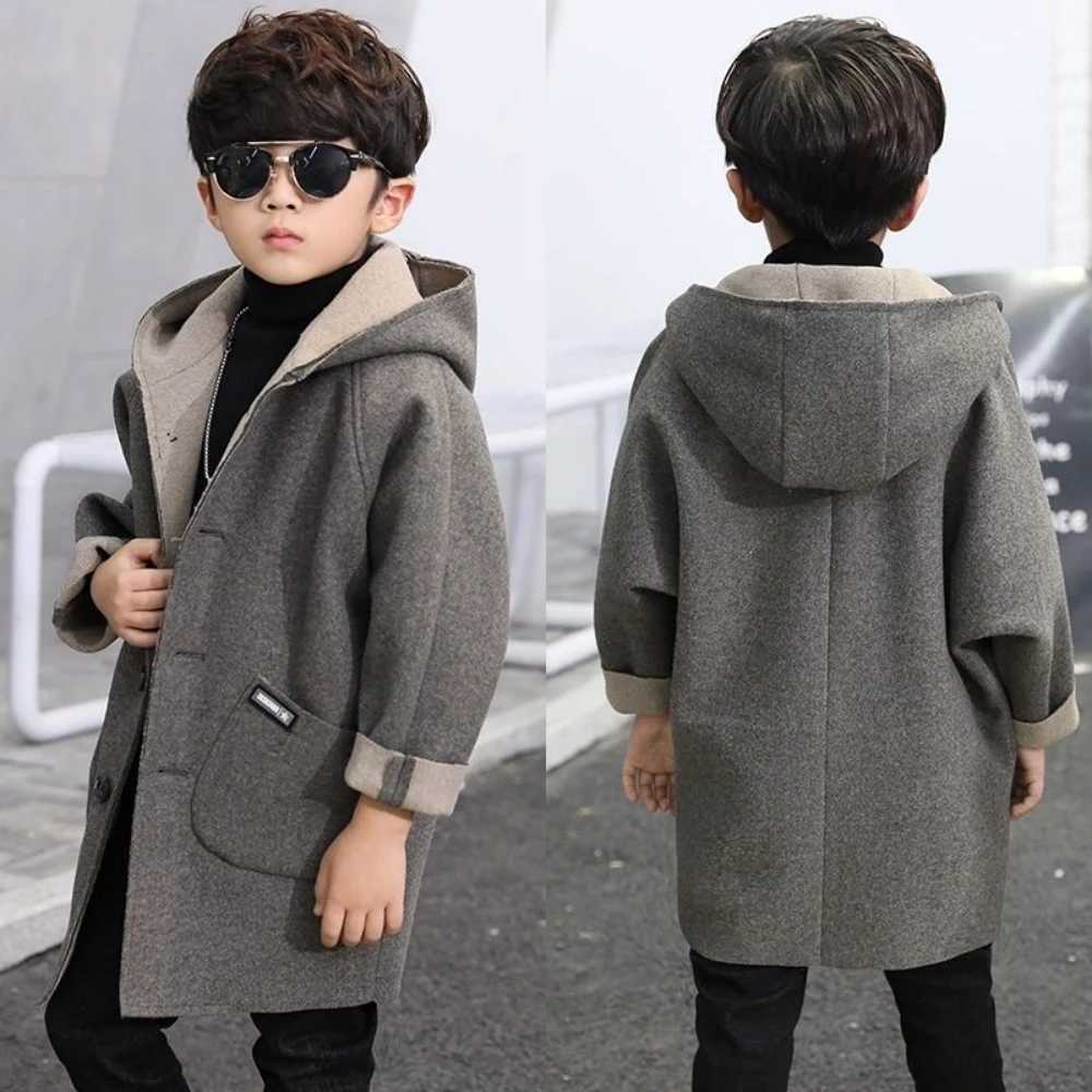 Boys Korean single chest solid thick warm pocket design 2023 new mid length trench coat wool jacket W241023