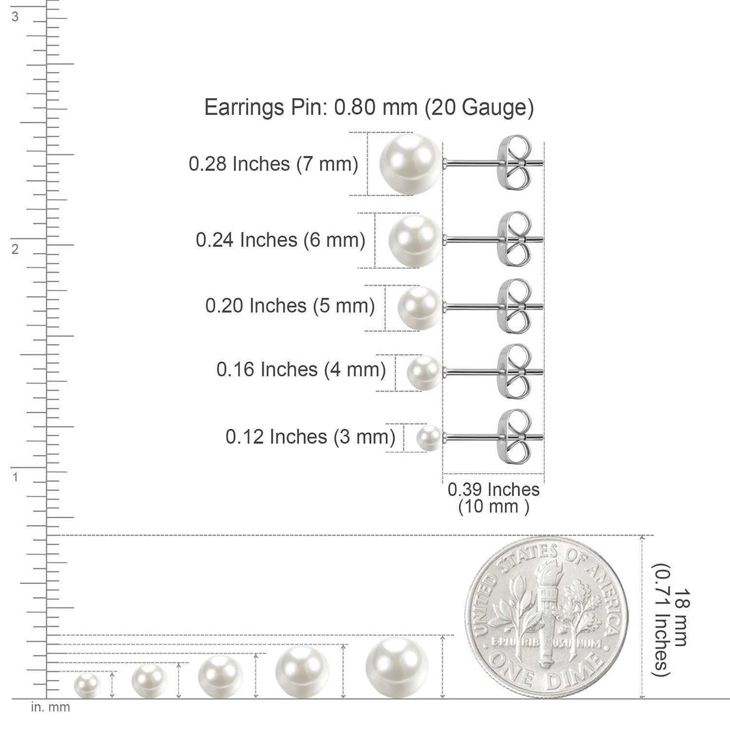 5 Pairs Hypoallergenic Stainless Steel Size 3/4/5/6/7mm Faux Pearl Cubic Zirconia CZ Ball Stud Earrings Set for Women GirlsX241023