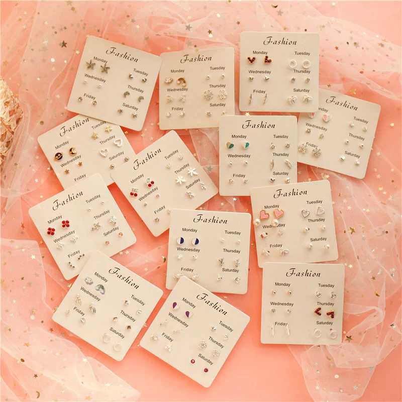 Trend Pink Heart Bowknot Pearl Stud Earrings Set for Women Girl Cute Exquisite Mini Earrings Jewelry Gift Wholesale Direct SalesX241023