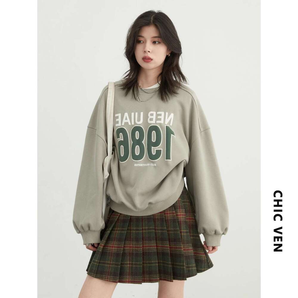 CHIC VEN Women Sweatshirts New Round Neck Letter Printed Hoodie Loose Oversized Female Top Autumn Spring 2024