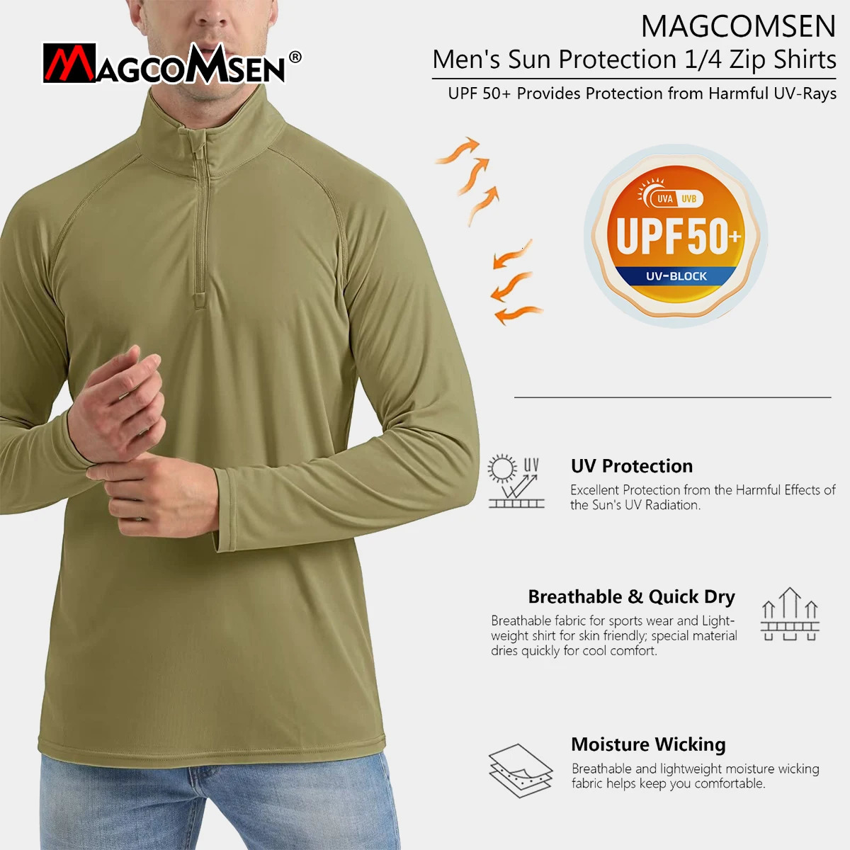 MAGCOMSEN Long sleeved Mens Sun Shirt UPF 50Triple 1/4 Zipper Pulled Matte Blue Hiking Protective T-shirt Performance UV Top 241024
