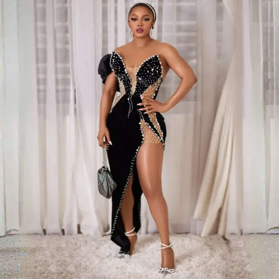 Mermaid Asymmetrical Aso Ebi Prom Dresses One Shoulder Sleeves Front Split Black Sexy Gala Sparkg Dress Event Dance Evening Gowns Short