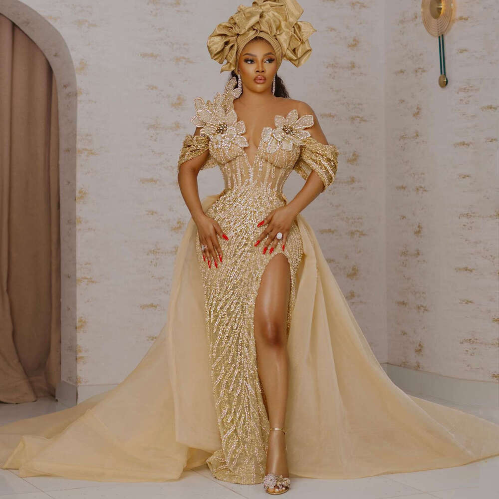 Sparkg Gold Lace Beaded African Prom Dresses with Detachable Train Handmade 3D wer Nigerian Wedding Reception Dress Dinner
