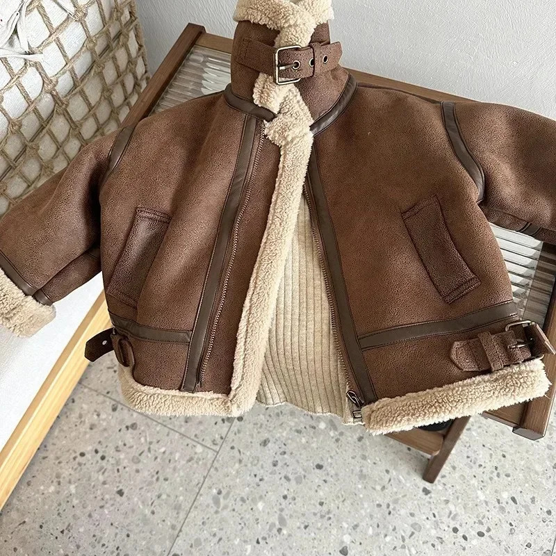 Cashmere leather jacket for winter warmth boys jacket with thick lining and plush fur collar childrens and girls jacket 241024