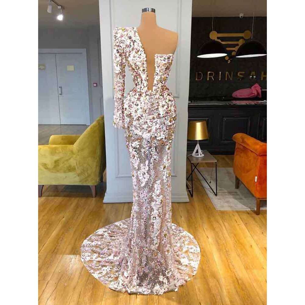 2023 Sexy Mermaid Dresses One Shoulder Deep V-Neck Hand Beaded Prom Dress Sparkly Evening Gown