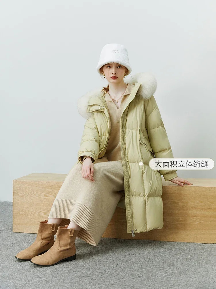 FSLE 142-170G Fox Fur Collar Hoodie Womens Winter 90% White Duck Filled Medium Length Warm Down Coat Womens 241023