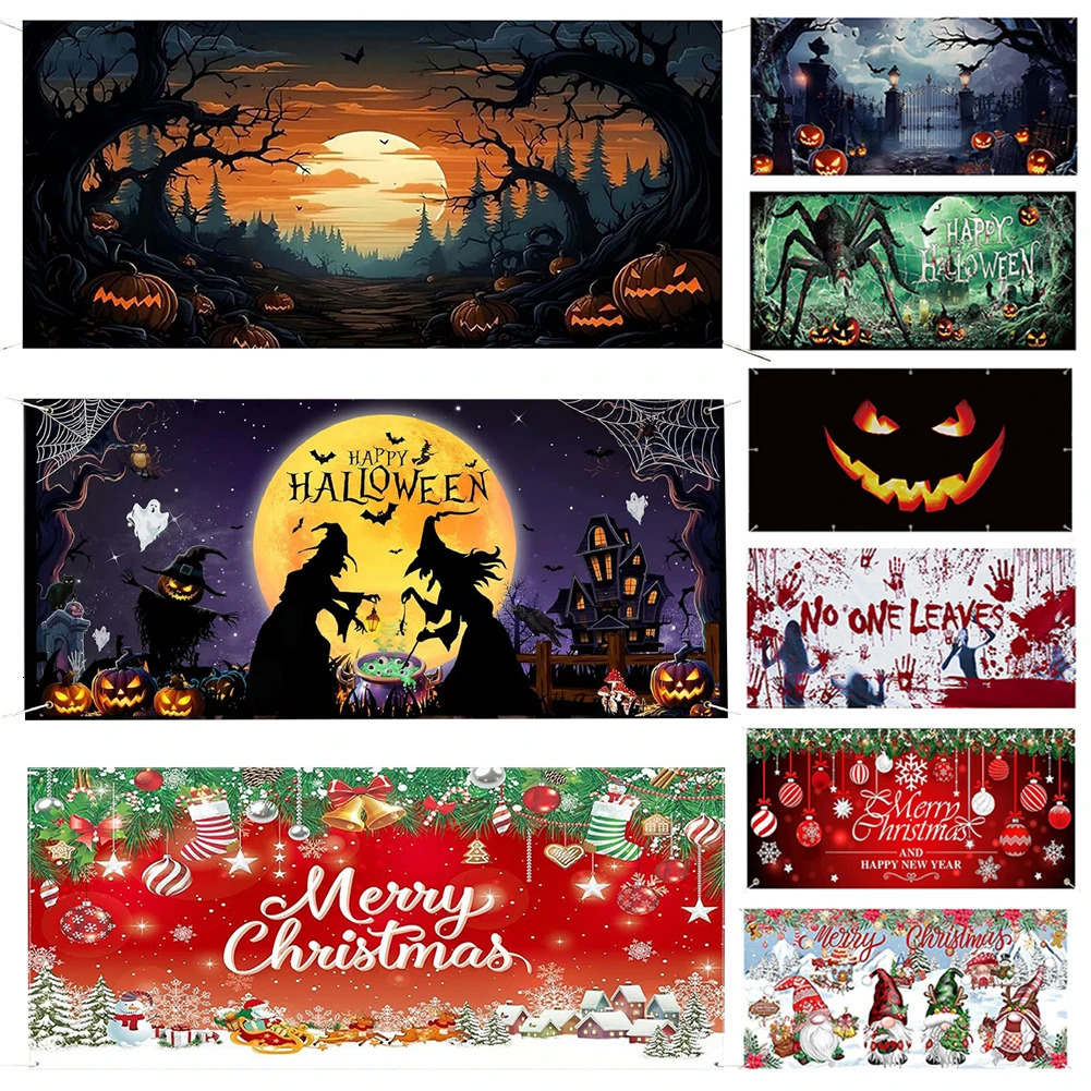 Halloween garage door banner haunted house pumpkin bloody hands Christmas gnome banner wall background decoration curtains 241023