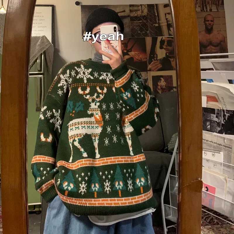 Winter Couples Jacket Loose-fit Hongkong Style Knitted Top Sweater Thickened Version For Men Christmas Holiday Wear LX241024