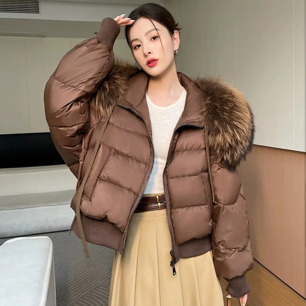 genuine fur leather jacket natural raccoon fur coat womens thick Parka loose short white duck coat winter inflatable jacket 241023