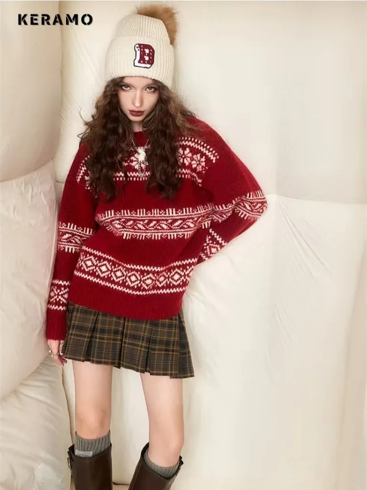 Sweet Casual Christmas Style Knitted Long Sleeve Pullover Winter Fashion Womens Geometric Printed Jumper Round Neck Sweater 241024